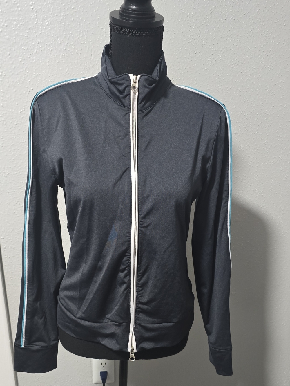 Athletic Works Black Track Bomber Jacket with White Zip and Light Blue Stripes
